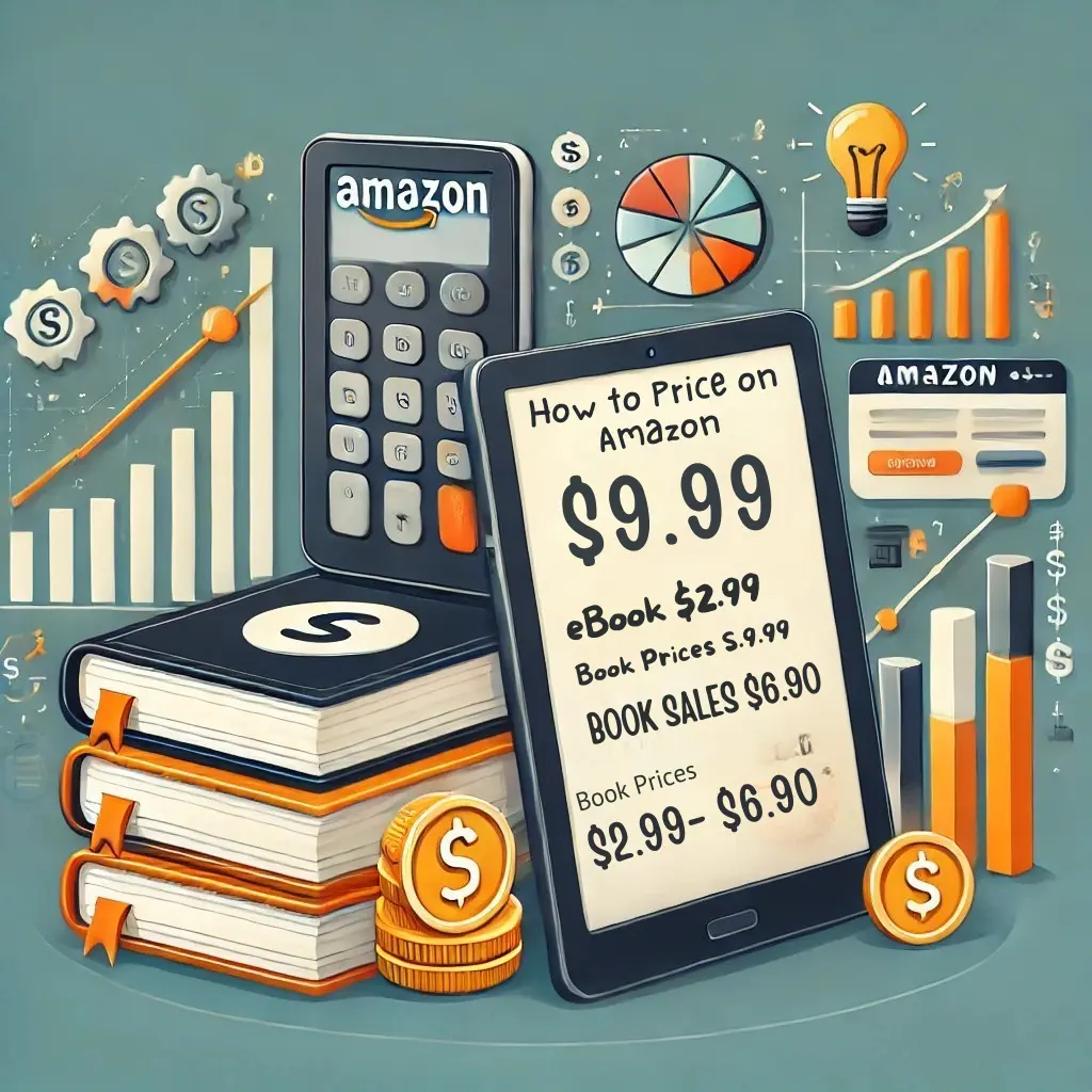 A visually engaging featured image showing a book with a price tag, an Amazon Kindle displaying book prices, and a financial chart illustrating book sales growth. how to price a book on Amazon