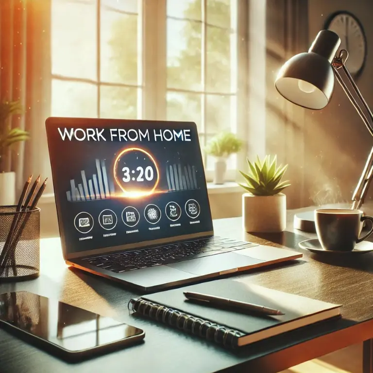 A sleek home office setup with a laptop displaying a "Work From Home" success dashboard, symbolizing remote job opportunities. Bright and inviting workspace with natural light. Work From Home No Money to Start