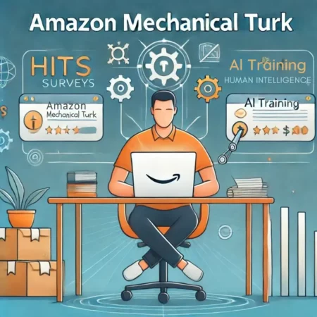 Illustration of a person working on Amazon Mechanical Turk, completing online microtasks like surveys, data entry, and AI training, with a progress bar showing increasing earnings.