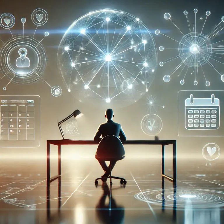 A modern, tech-inspired illustration of a virtual assistant sitting at a sleek desk with three glowing orbs representing communication, time management, and technical proficiency. The orbs are connected with futuristic lines, symbolizing the essential skills that define the best virtual assistants.