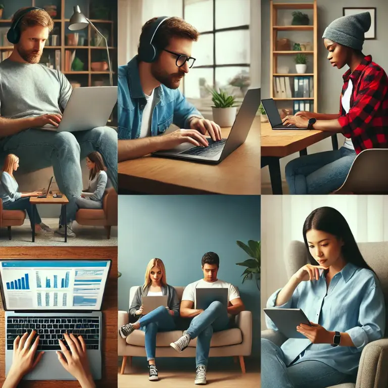 A diverse group of remote workers engaged in different working from home jobs, including virtual meetings, typing on a laptop, and analyzing data on a tablet from various home and café settings.