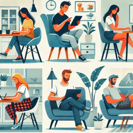 Multiple people working remotely from various locations, including a kitchen table, couch, and outdoor patio, illustrating flexible work from home jobs no experience required.