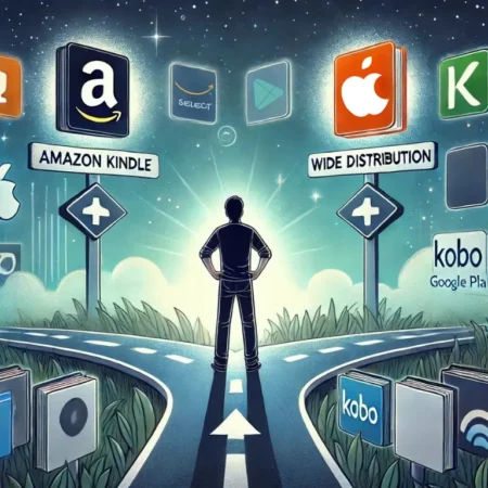 An indie author standing at a crossroads, with one path leading to "KDP Select" (Amazon Kindle) and the other to "Wide Distribution" (Apple Books, Kobo, Google Play). The background features floating book covers and a digital publishing theme, symbolizing the decision self-published authors must make. KDP Select vs Wide Distribution