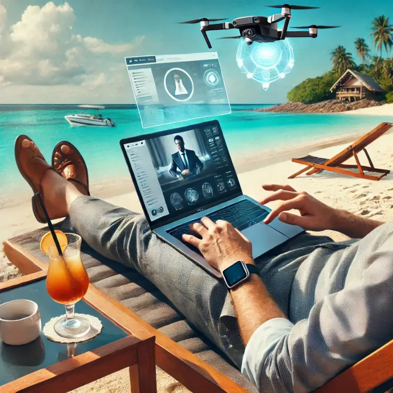 A professional in business-casual attire working remotely on a high-end laptop while reclining on a tropical beach lounge chair. A luxury drink sits nearby, a high-tech drone hovers overhead, and a holographic video call interface floats in the air, symbolizing remote work at the highest levels.