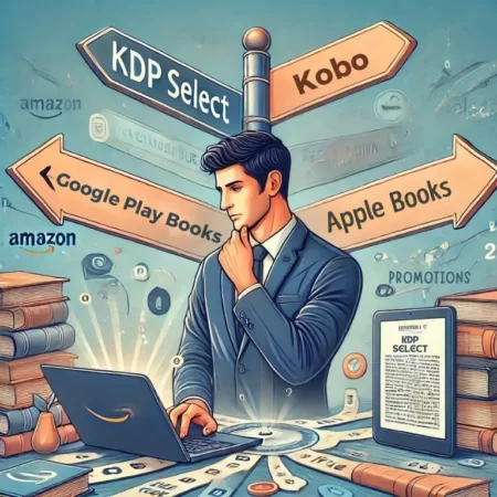 A self-published author working on a laptop with the Amazon KDP dashboard open, surrounded by bookshelves and a Kindle device, representing the KDP Select program. What is KDP select