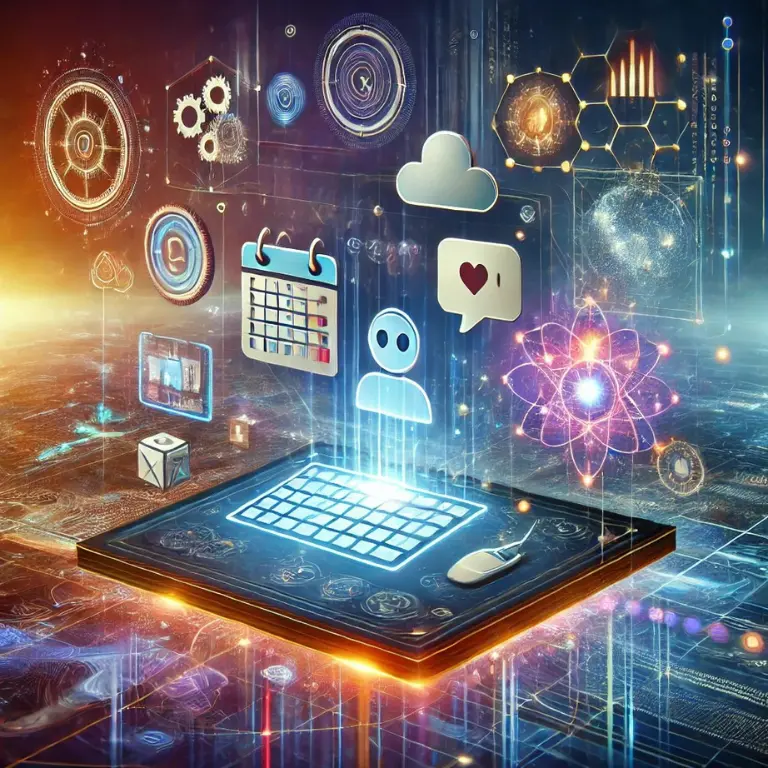 An imaginative, futuristic illustration of a virtual assistant's workspace floating in a digital environment. The desk is holographic, with vibrant, glowing icons representing different tools: a calendar, a chat bubble, a task list, a gear for automation, and a network of interconnected lines to symbolize productivity. The environment blends cool blues and purples with warm, energetic orange highlights to convey efficiency and innovation. The background subtly depicts abstract representations of time, communication, and data streams connecting across a vast, digital landscape. virtual assistant tools