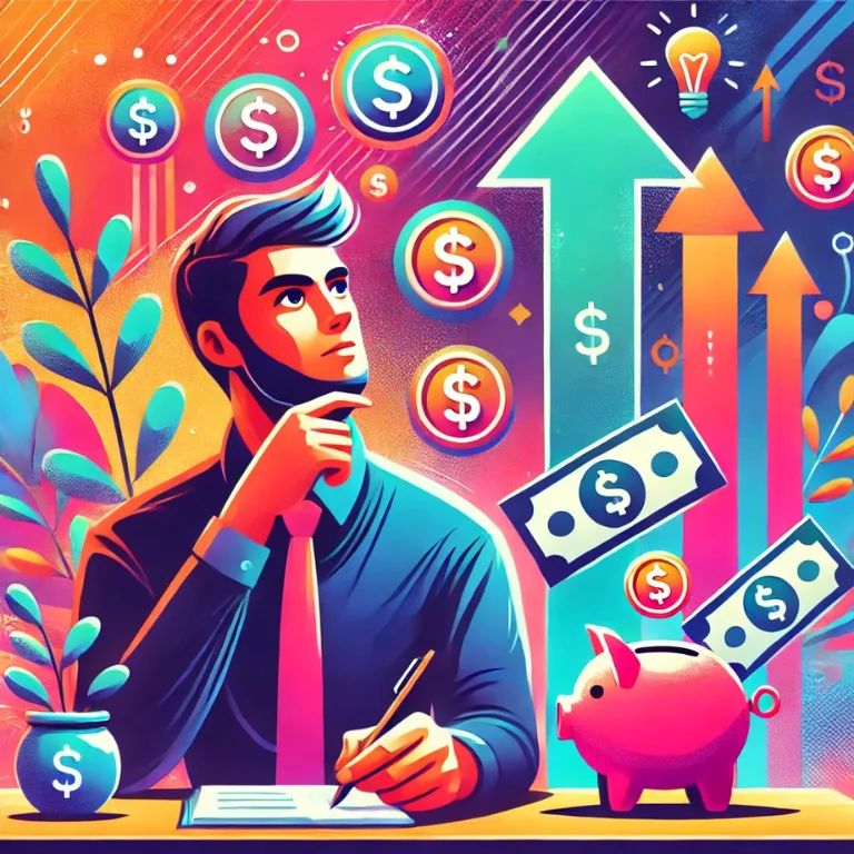 A colorful digital illustration of a person sitting at a desk, thoughtfully considering ways to earn extra money. Floating financial symbols, including coins, a piggy bank, and upward arrows, represent ideas and opportunities for increasing income. The background is vibrant and engaging, symbolizing financial growth and success.
