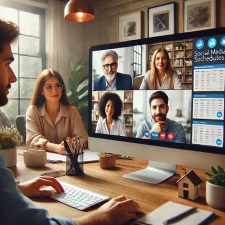 A virtual assistant in a video conference with a business owner and freelancer, discussing tasks and client projects. The screen shows social media scheduling and email management tools. virtual assistant training program