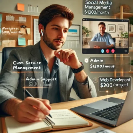 A freelance virtual assistant engaged in a video call, discussing pricing options with a client. A floating overlay highlights VA service rates, including social media management, administrative support, and web development. The background features a productivity-focused home office setup. Virtual Assistant Rate