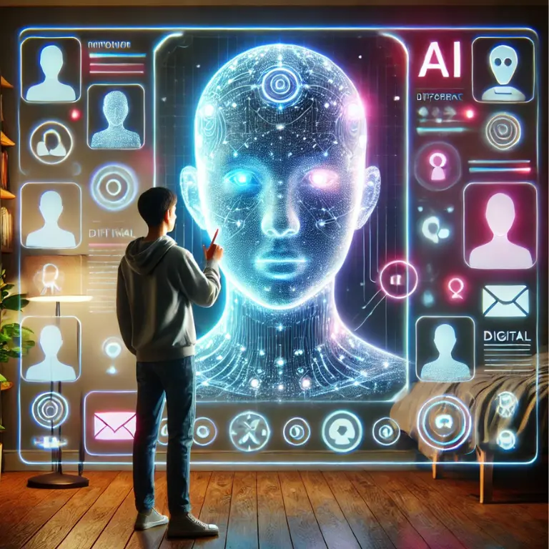 A futuristic home workspace featuring a glowing AI-generated human face on a holographic screen. A person in casual clothes interacts with the AI interface, selecting digital avatars, while floating icons represent online income streams like chatbots and digital products. The scene is illuminated with soft neon lighting, creating a modern, tech-savvy environment. ways to earn online without experience