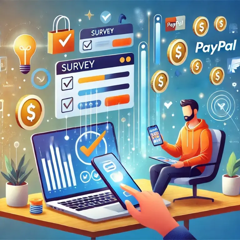A person sitting at a desk using a laptop and smartphone to complete an online survey, with floating icons of money, PayPal, gift cards, and coins representing earnings from surveys money.