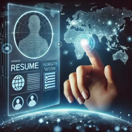 A glowing holographic resume floating in mid-air, with a person’s hand swiping through different sections using an advanced touch interface. This futuristic concept represents how a resume for remote jobs can highlight global work opportunities and digital skills.