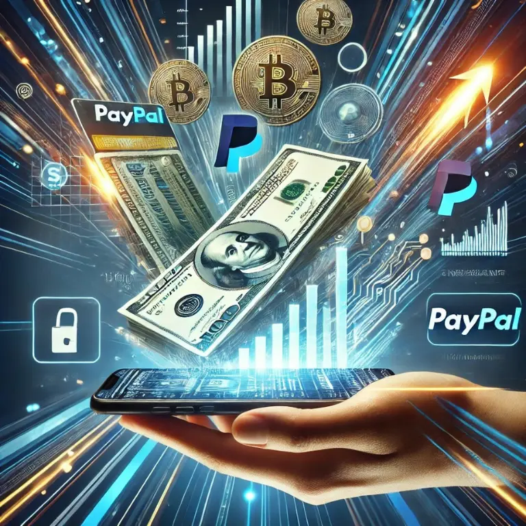A high-tech smartphone concept with digital currency symbols, including dollar bills, PayPal, Bitcoin, and bank icons, transferring into a virtual wallet. The glowing phone screen displays financial growth and transaction notifications, emphasizing the instant payouts of real money-making apps. apps that pay real money