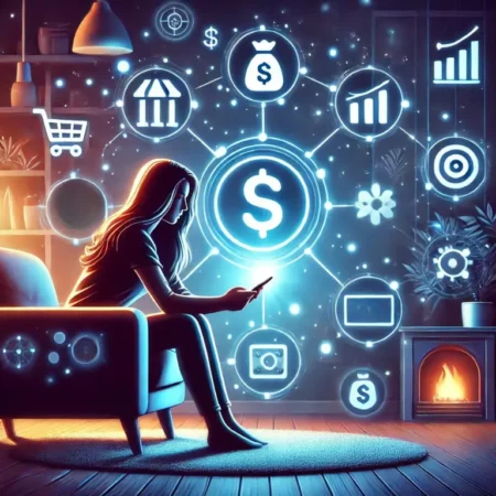 A futuristic digital illustration of a person using a smartphone to earn money with apps. Floating icons represent various ways to make money online, including cashback, surveys, gaming, and investing. The scene is bright and inviting, symbolizing the ease of earning real money instantly with phone apps.