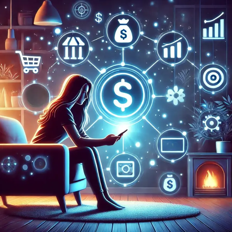 A futuristic digital illustration of a person using a smartphone to earn money with apps. Floating icons represent various ways to make money online, including cashback, surveys, gaming, and investing. The scene is bright and inviting, symbolizing the ease of earning real money instantly with phone apps.