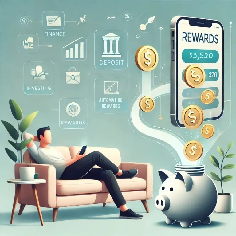 A person relaxing on a couch while using a smartphone, with digital money flowing into a savings jar, symbolizing the best passive income apps that generate money effortlessly.