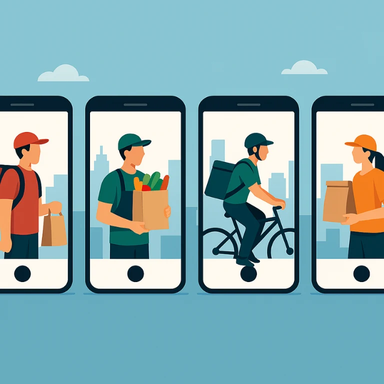 A digital illustration showing four smartphones with different delivery gig app interfaces, symbolizing a side-by-side comparison of the best delivery gig apps for 2025.