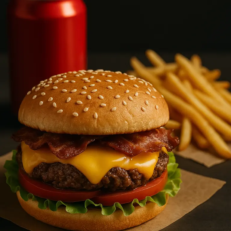 A fast food meal with cheeseburger, fries, and soda—symbolizing a quick break between deliveries using gig apps that pay daily.