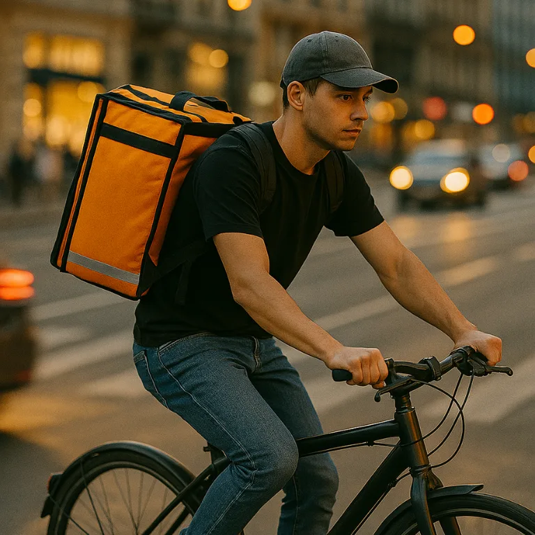 A gig worker on a bicycle with a delivery backpack riding through a city at sunset, symbolizing the hustle and real-world income from the highest paying gig apps.