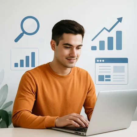 Young man working on affiliate SEO strategies at a laptop, surrounded by digital marketing icons representing search, backlinks, and analytics.
