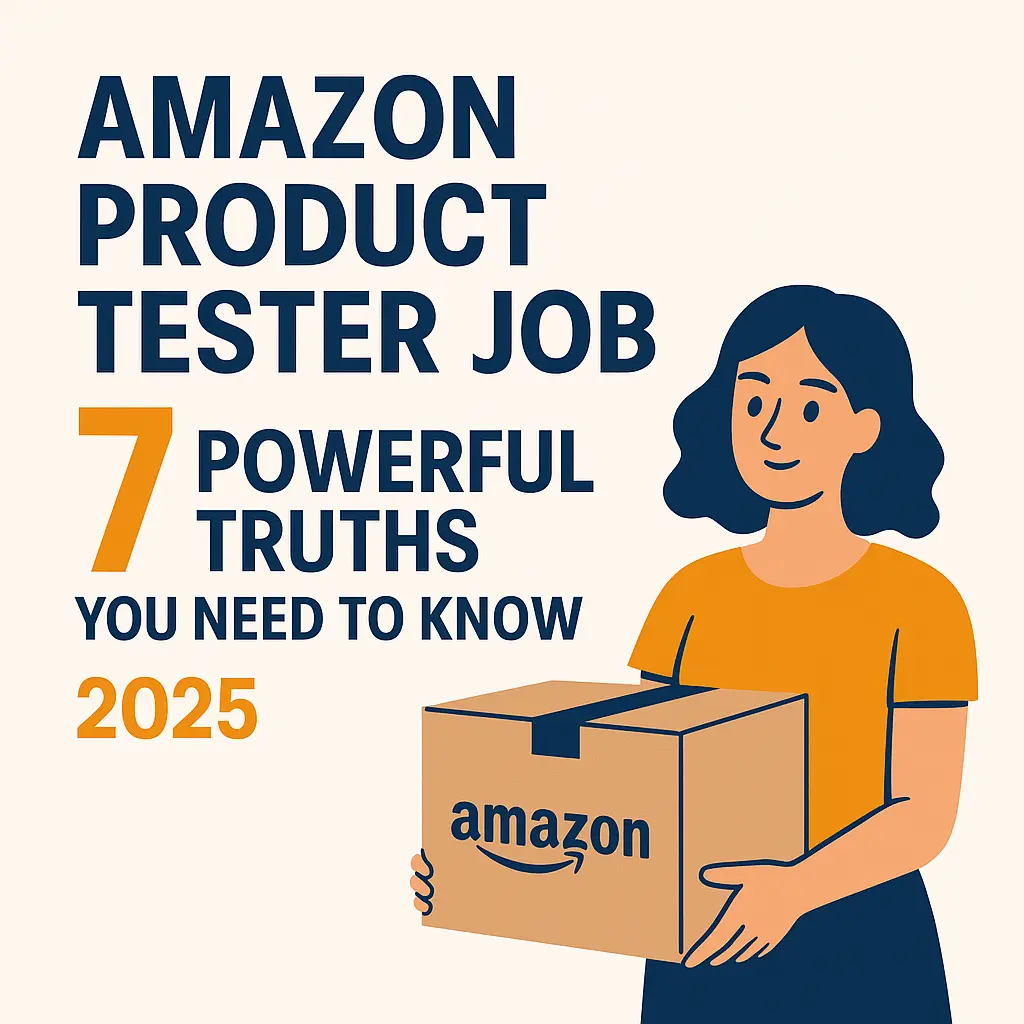Illustration of a woman holding an Amazon box next to bold text that reads “Amazon Product Tester Job: 7 Powerful Truths You Need to Know in 2025,” representing a guide to understanding real amazon product tester job opportunities.