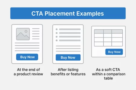 On-Page SEO for Affiliate Marketing: 7 Proven Tactics to Boost Rankings and Skyrocket Conversions 3 Infographic showing three CTA placement strategies for affiliate marketing: at the end of a product review, after listing benefits or features, and within a comparison table.