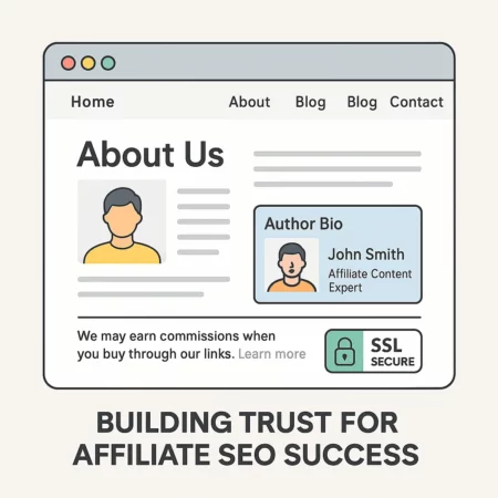 10 Unique SEO Challenges for Affiliate Marketers - And How to Beat Them 2 A simple website mockup showing trust signals for affiliate SEO success, including an About page, author bio, and SSL badge for credibility.