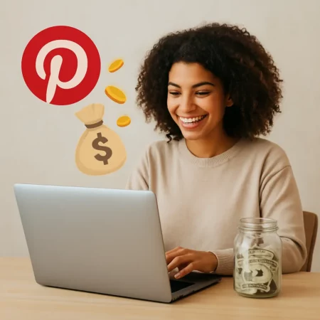 A smiling woman sits at a desk with a laptop and a jar of cash, with Pinterest and money icons floating in the background, representing Pinterest affiliate marketing. Can You Make Money on Pinterest