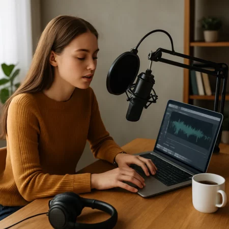 A woman recording an audiobook at home using a microphone and laptop with audio editing software, representing how to create audiobooks online. Create Audiobooks Online