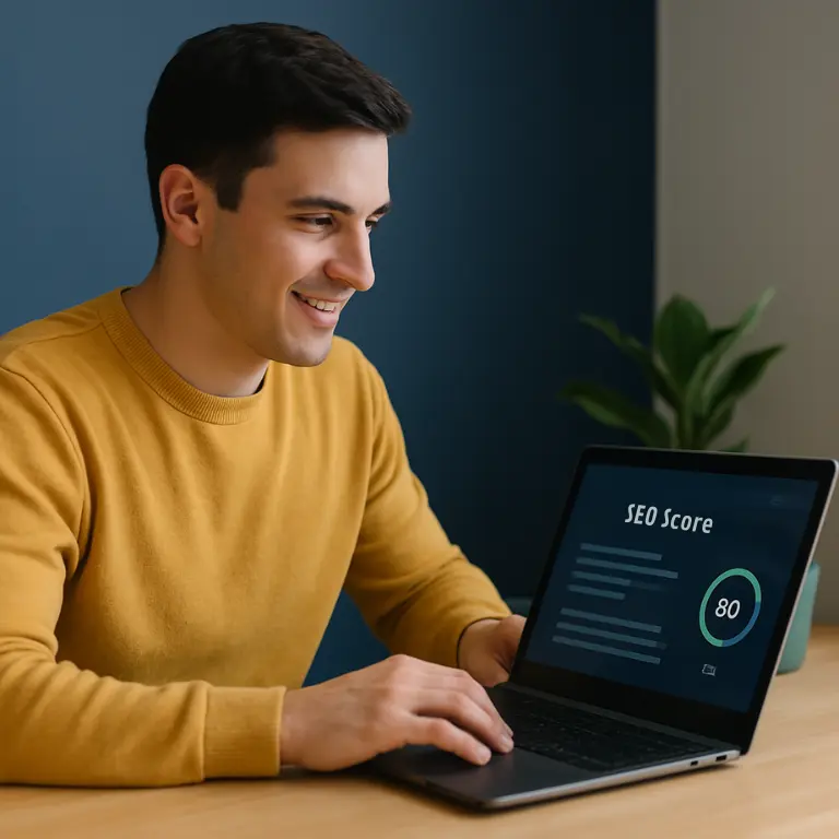 A young man in a yellow sweater using the Rank Math plugin on his laptop, representing hands-on experience and success with SEO tools for WordPress — Rank Math Review.