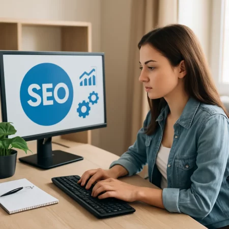 Young woman working on on-page SEO for affiliate marketing at her desktop computer, with SEO icons on the screen and a clean, professional workspace.