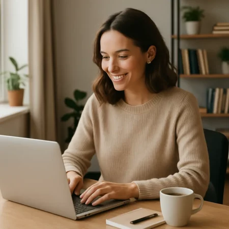 Freelancer working from home with a laptop in a cozy workspace, representing the freedom and flexibility of freelancing in 2025. What Does It Mean to Freelance