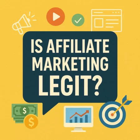 Illustration asking “Is affiliate marketing legit” with marketing icons and bold text on a yellow background, representing digital income opportunities
