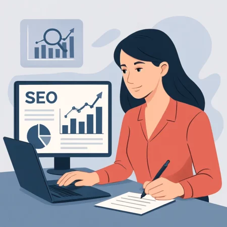 A professional woman in a coral blouse reviewing SEO data charts on her laptop in a modern office setting, representing affiliate marketing success. unique SEO challenges for affiliate marketers