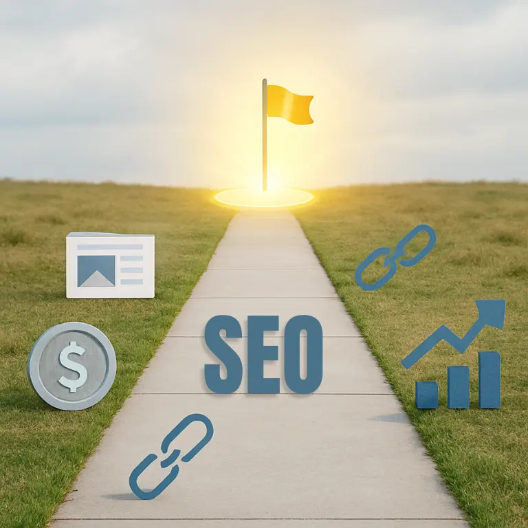 Concrete path leading toward a glowing goal with affiliate SEO icons like links, graphs, and dollar signs along the way, symbolizing strategic progress.