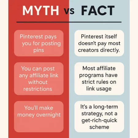 A side-by-side graphic comparing common myths and facts about making money on Pinterest, including misconceptions about direct payments and overnight success.