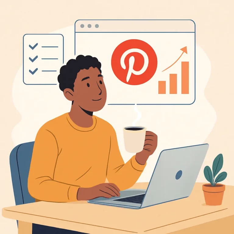 An illustrated man sips coffee while working on a laptop with Pinterest and growth icons behind him, symbolizing steady progress with Pinterest monetization. Can You Make Money on Pinterest