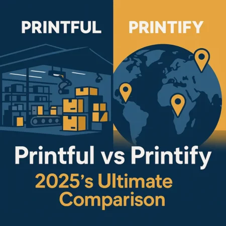 Digital illustration showing Printful vs Printify comparison with a warehouse on the left and global providers on the right, highlighting the differences in their business models.