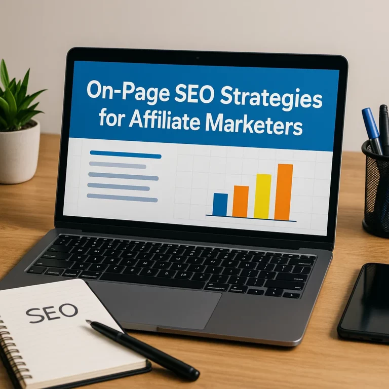 Open laptop on a wooden desk showing a graph and text labeled “On-Page SEO Strategies for Affiliate Marketers,” with SEO notes and workspace accessories visible.