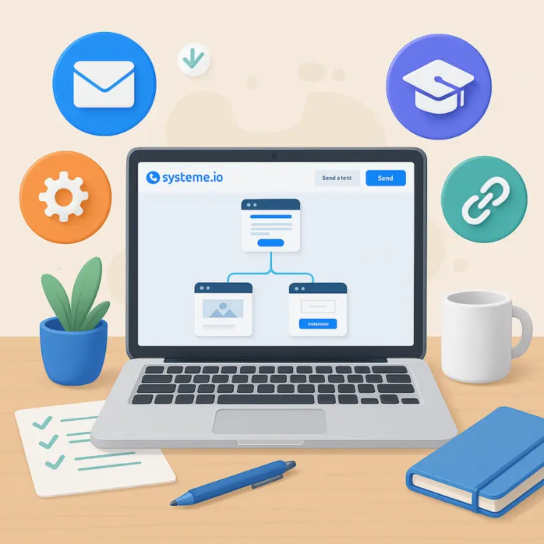 A digital workspace showcasing a laptop screen with Systeme.io’s funnel builder, surrounded by icons for email marketing, automation, and course hosting—representing a real Systeme.io review in action.