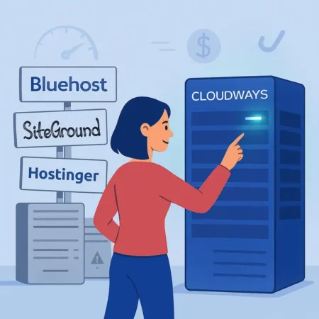Illustration showing a person confidently choosing Cloudways hosting over Bluehost, SiteGround, and Hostinger, highlighting performance and value — Cloudways Hosting Review.