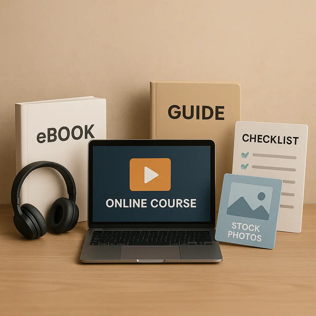 A photo-realistic arrangement of digital products including an eBook, online course, guide, checklist, stock photo card, and headphones on a wooden desk, showcasing common formats sold online.