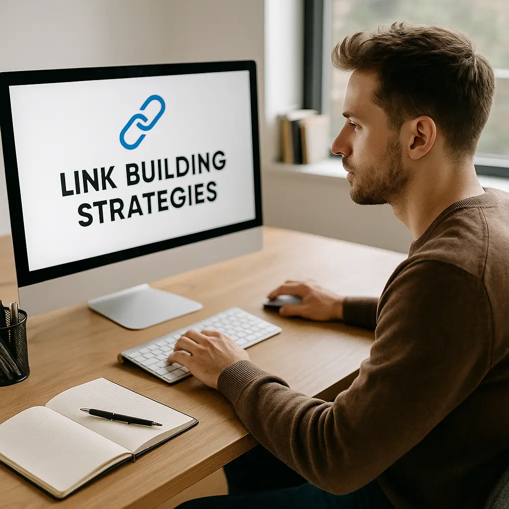 Young man working on backlink strategies for affiliate marketing at a modern desk with a laptop and digital marketing charts.