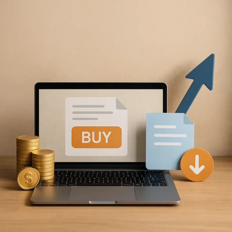A realistic photo of a laptop displaying a digital product with a “Buy” button, surrounded by gold coins, a download icon, and an upward arrow, symbolizing online sales and passive income.