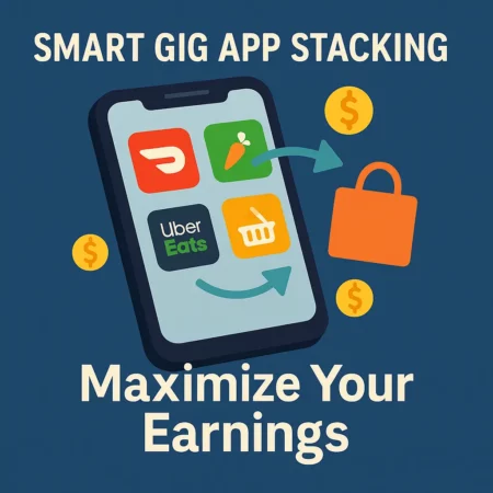 Digital illustration showing stacking gig apps with smartphone icons for DoorDash, Instacart, Uber Eats, and more to represent smart income strategy.