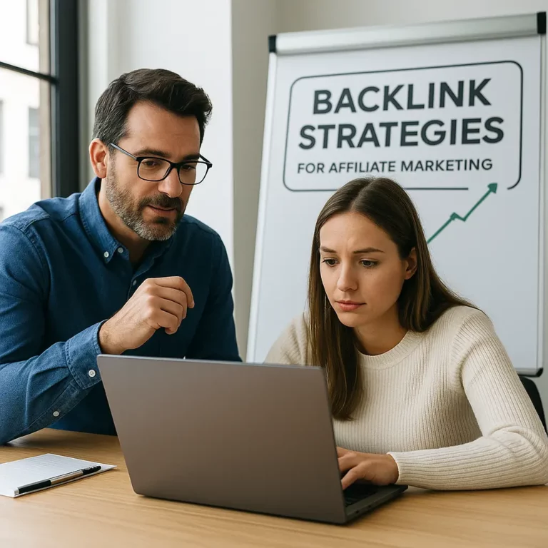 Man and woman collaborating at a laptop while planning backlink strategies for affiliate marketing, with a whiteboard showing upward growth and the strategy title.