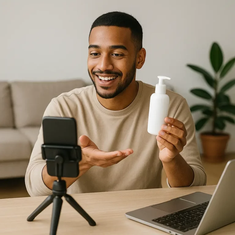 A male ugc creator holding a skincare bottle while filming content with his smartphone on a tripod.