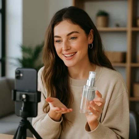 A female content creator recording a beauty product video with her phone, representing creators using ugc creator platforms to find paid work.