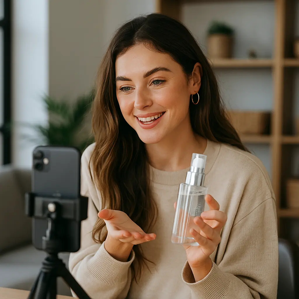 A female content creator recording a beauty product video with her phone, representing creators using ugc creator platforms to find paid work.