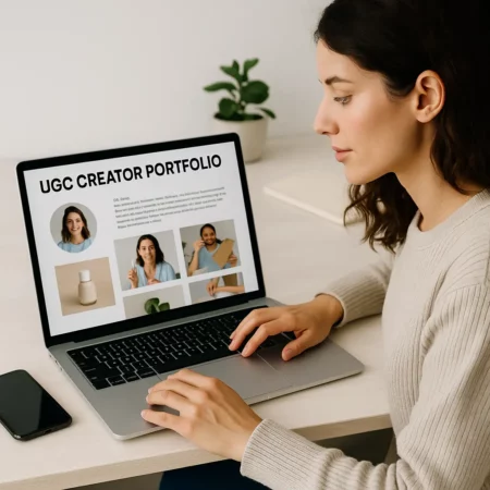 A young woman organizing video clips and product photos on a laptop, representing a professional ugc creator portfolio setup.
